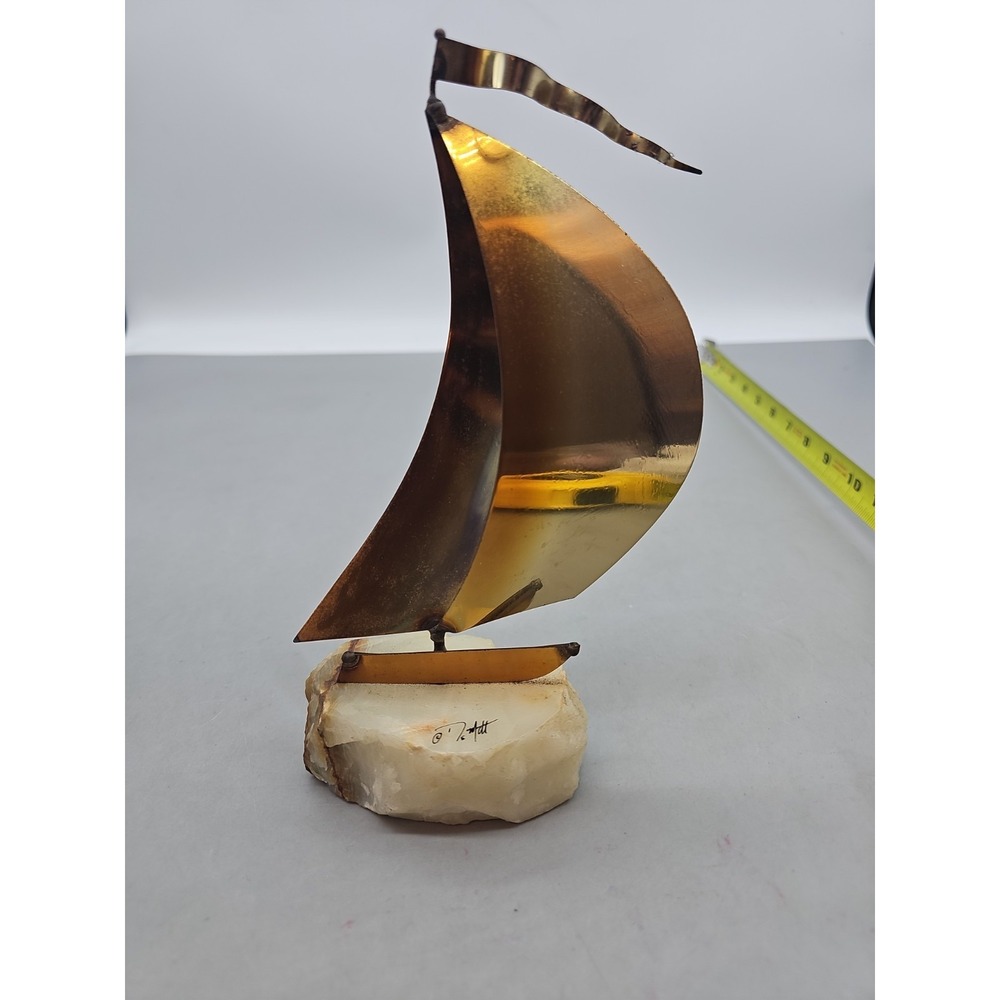 VTG John DeMott Signed‎ Brass Sailboat Figurine Onyx Base Nautical Gift Artwork